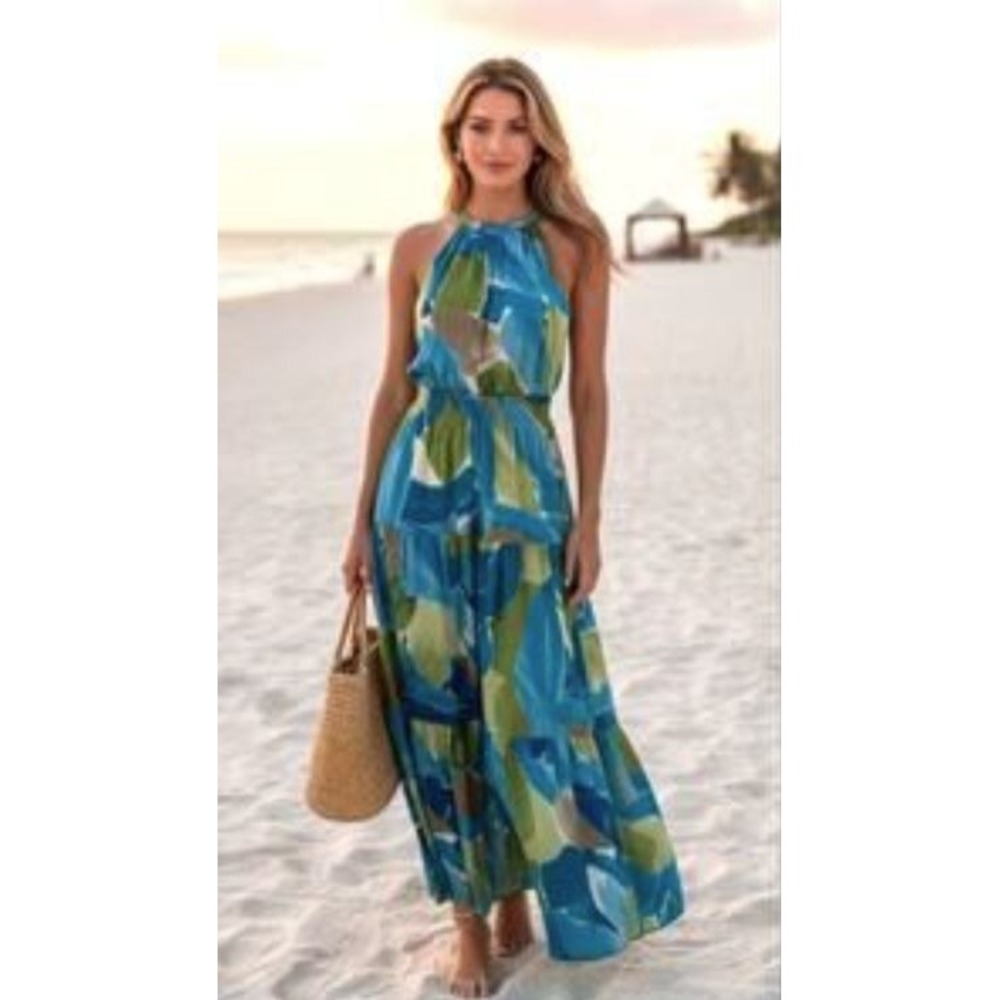 Nicole Miller Women's Halter Neck Sleeveless Abstract Tiered Satin Maxi Dress SM